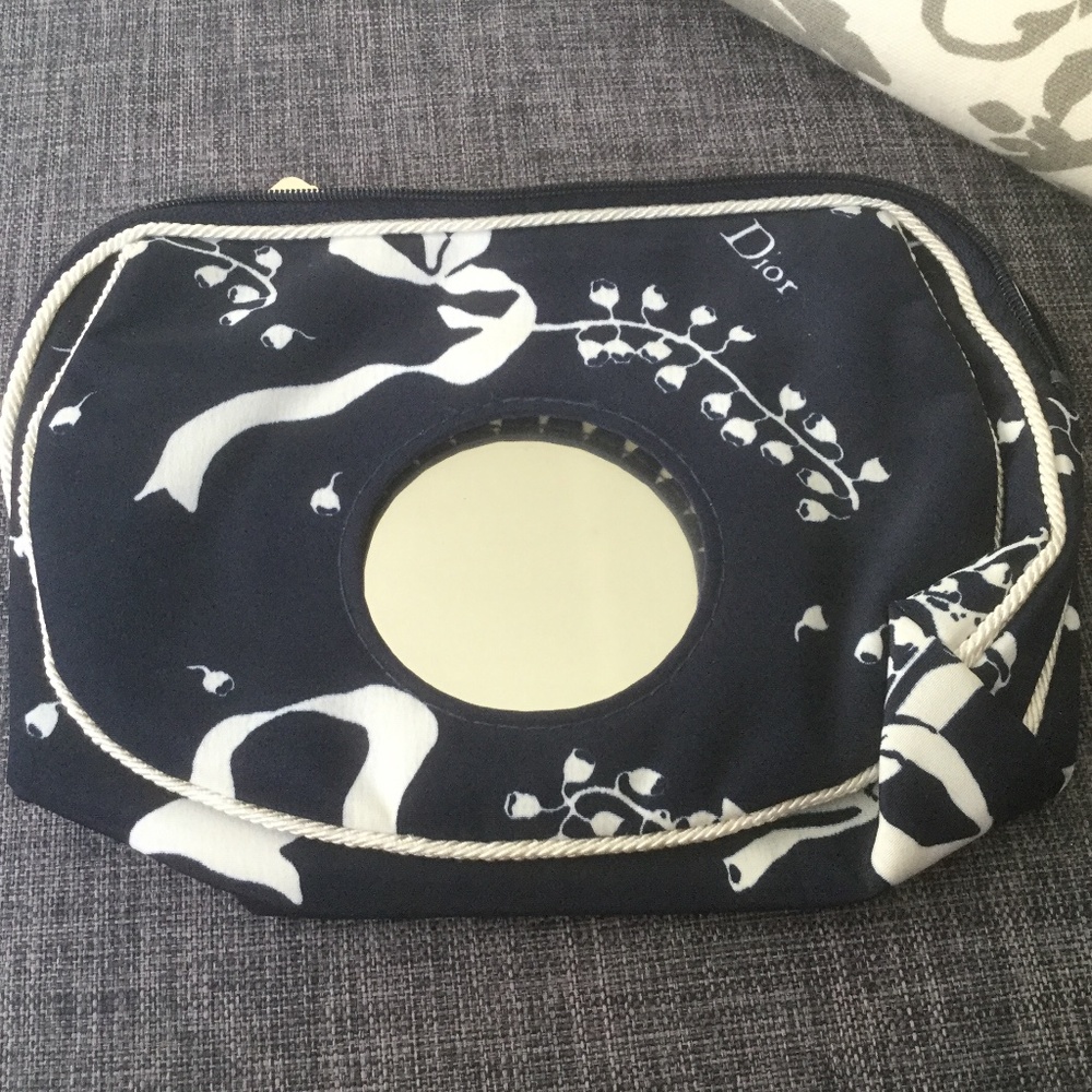 NWT Dior Mirrored Navy and White Ribbons and Flowers Cosmetic Bag